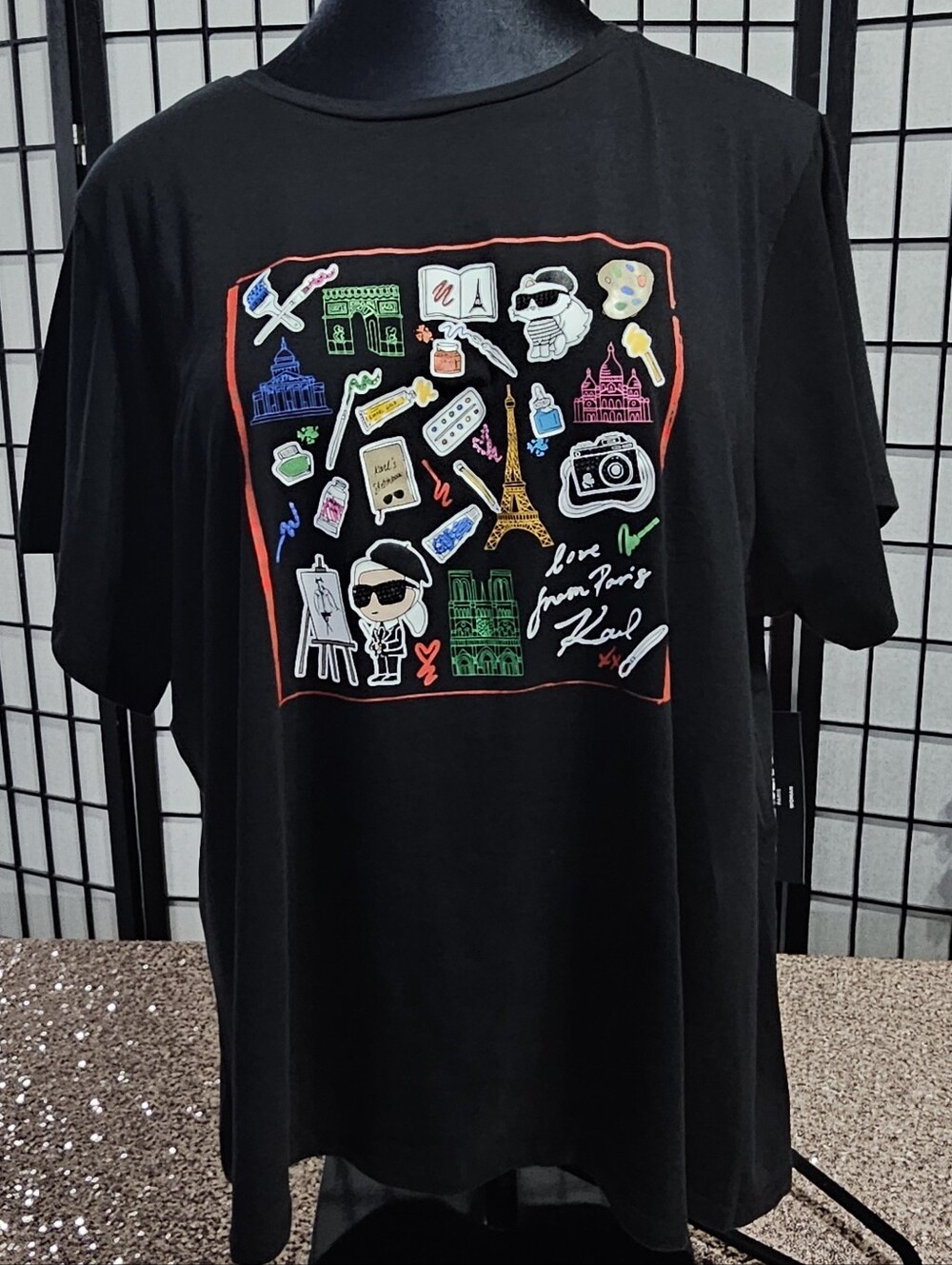 NWT Karl Lagerfeld Black Short-Sleeve Tee with Multicolor Paris Graphics
